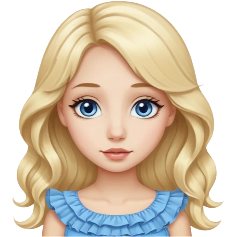 Beautiful Emoji girl with close-set blue eyes and eyeliner on them, long wide nose, wide not very full lips, oval face shape, long blonde hair in cute ruffle top emoji