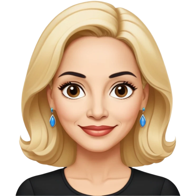 Professional portrait of Linette Torres, Puerto Rican actress in her 50s with light skin, age-appropriate features, charismatic expression, bright eyes, beautifully shaped eyebrows, charming smile, elegant blonde hair, wearing a classic black top emoji