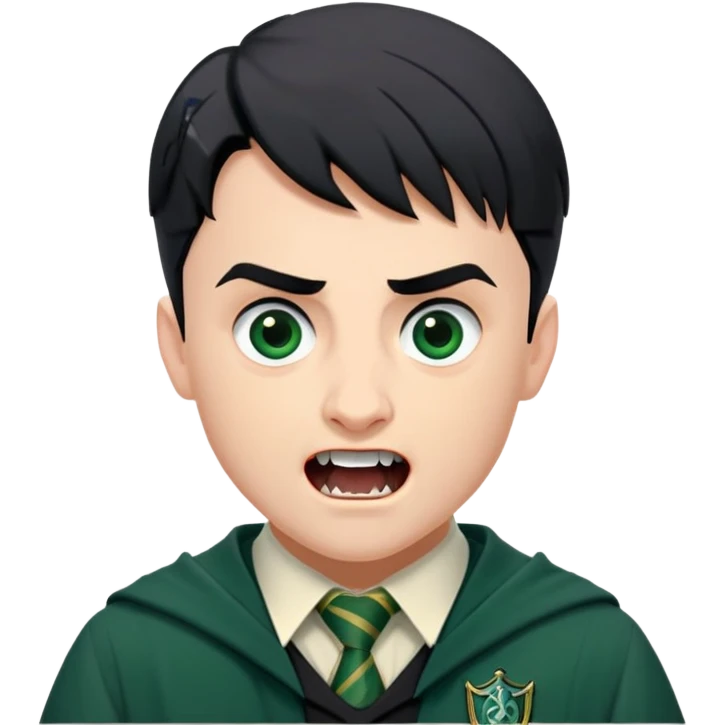 Jamie Yeates is Marcus Flint in harry potter, wear hogwarts slytherin uniform, short black hair, bulky face, often grimacing and showing buck teeth growl menacingly emoji