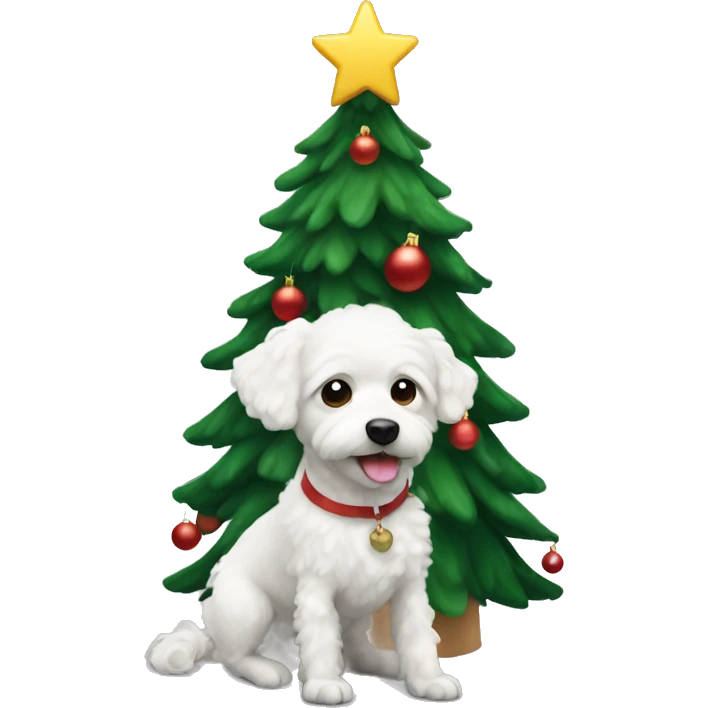 Small white curly dog under a Christmas tree emoji