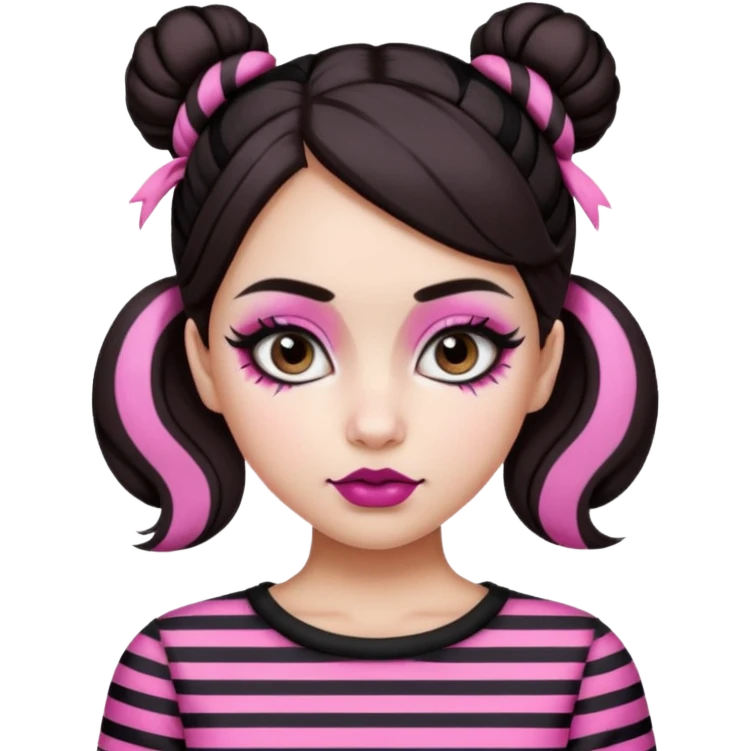 generate a pretty fair bratz girl with dark brown eyes. Dark brown hair straight hair with pink highlights tied into buns. Big eyeliner. black lipstick. Black and white striped top.  emoji