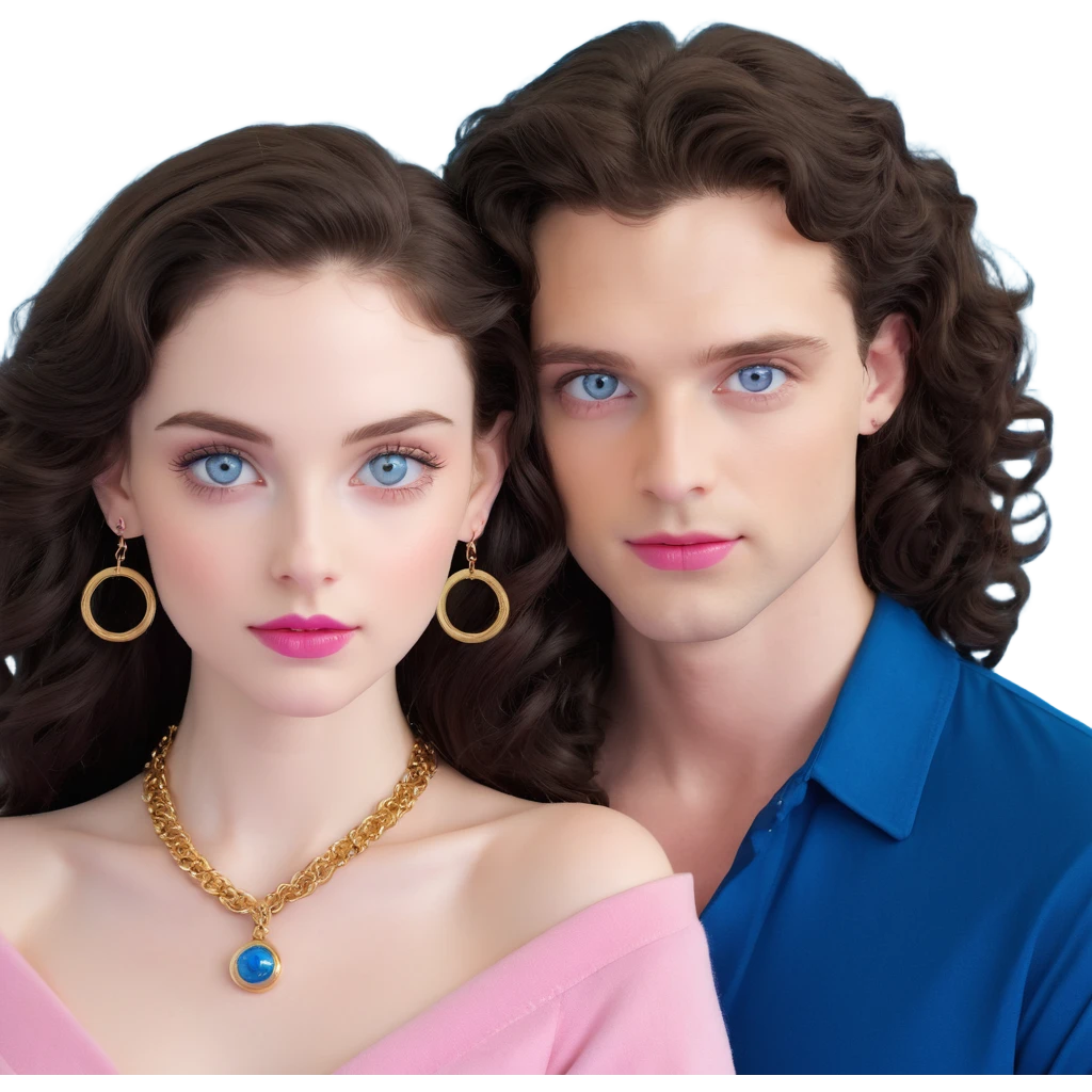 attractive couple in nightclub, colorful lights, woman with big blue-grey eyes, long lashes, pale skin, pink lips, long voluminous dark brown curls, gold hoop earrings, tiniest possible top barely covering, next to handsome man with intense blue-grey eyes, chiseled features, pale skin, confident smirk, dark brown styled hair, gold chain, minimally dressed showing maximum skin, dancing intimately emoji