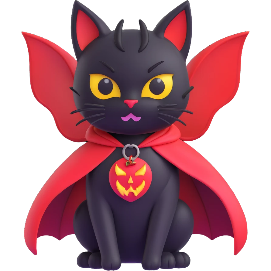 black cat with devil horns and a cape, 3d emoji style emoji