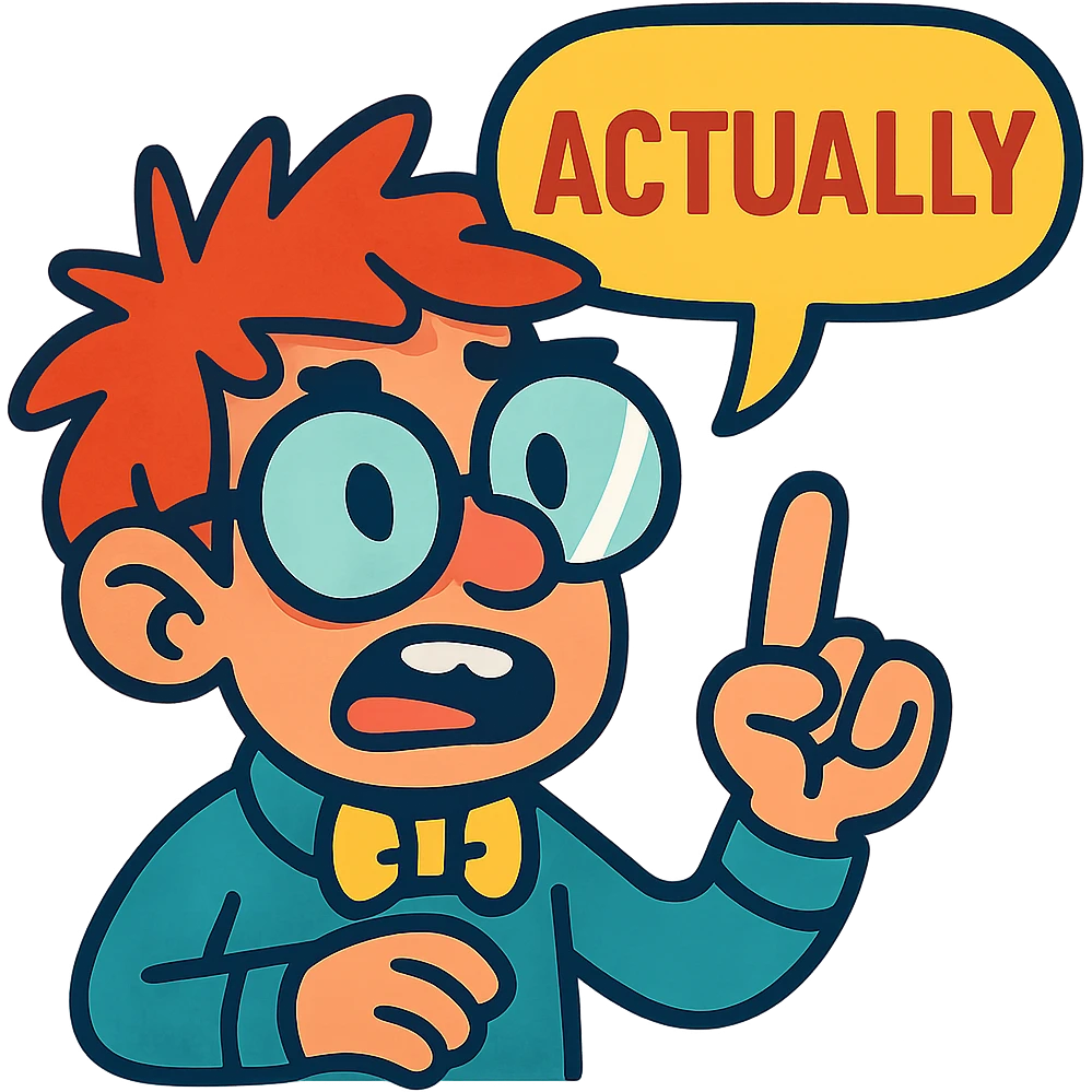 a geeky character with messy hair, big glasses, and a speech bubble that says 'actually', vibrant toon style emoji