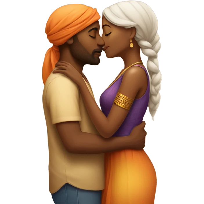 Black woman and Indian man kissing emoji