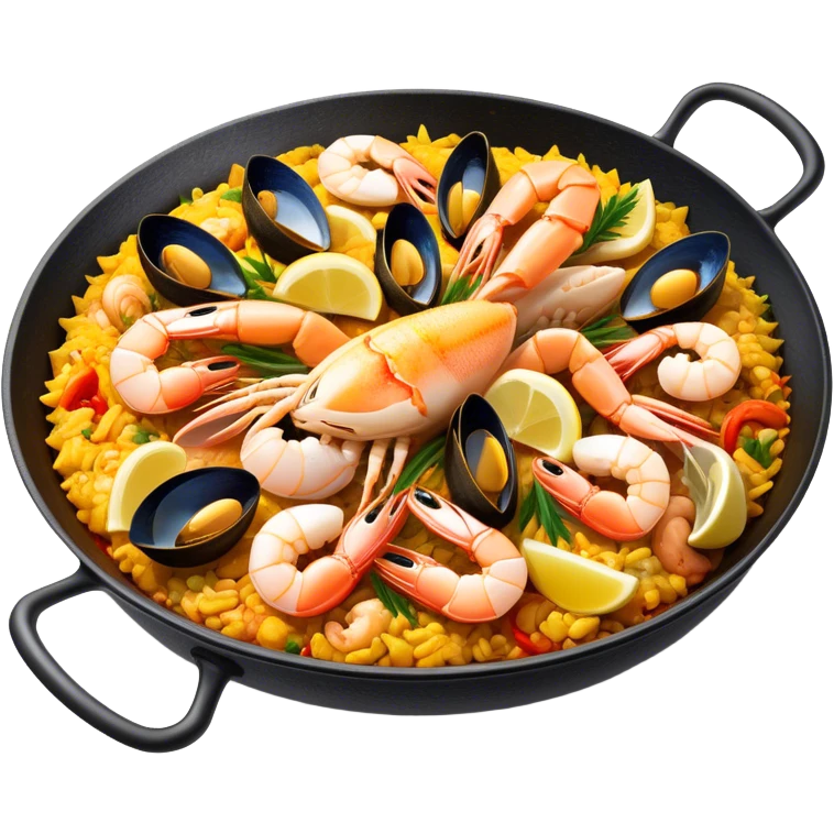 Cinematic Realistic Paella Dish Emoji, depicted as a vibrant, aromatic rice dish loaded with seafood, chicken, and saffron rendered with rich textures and dynamic, warm lighting. emoji