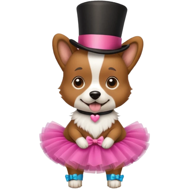 Dog wearing a tutu with a top hat emoji