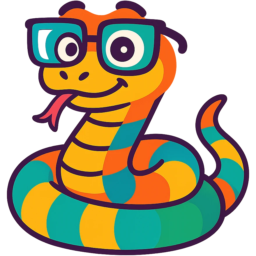 snake with thick glasses, nerdy expression, colorful style, vibrant cartoon emoji
