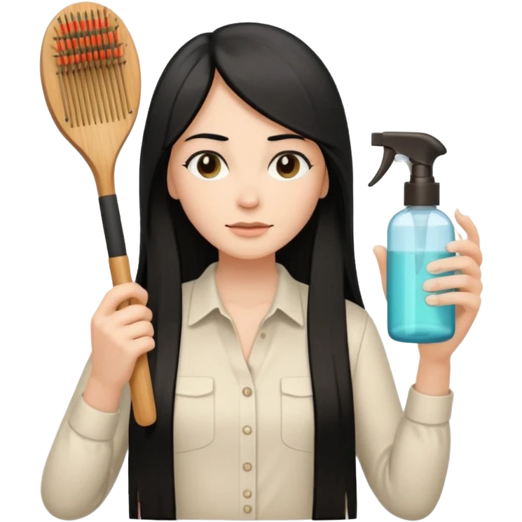 A white woman with long, straight black hair, wearing an ivory-colored shirt, holding a wooden paddle hairbrush in her left hand and spraying a hair mist bottle with her right hand toward her hair. emoji