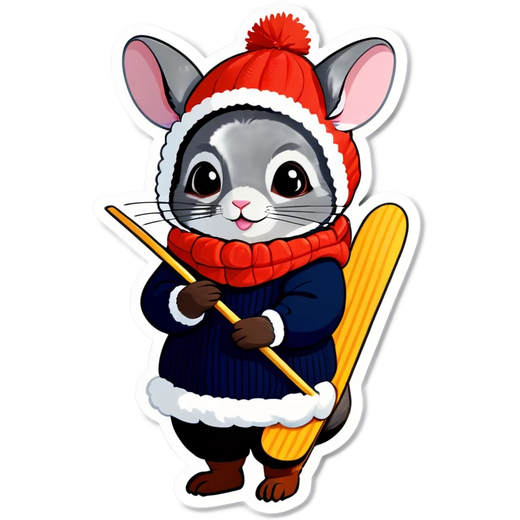 Cute girl chinchilla knitting wearing snow skis emoji