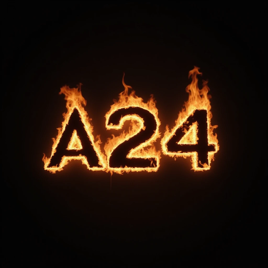 the A24 logo engulfed in realistic flames, dramatic, cinematic, bold icon style, no background emoji