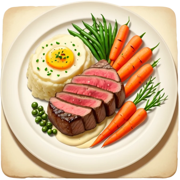 Medium rare Wagyu steak on a bed of creamy garlic mash potatoes couples with pan seared carrots and  green beans emoji