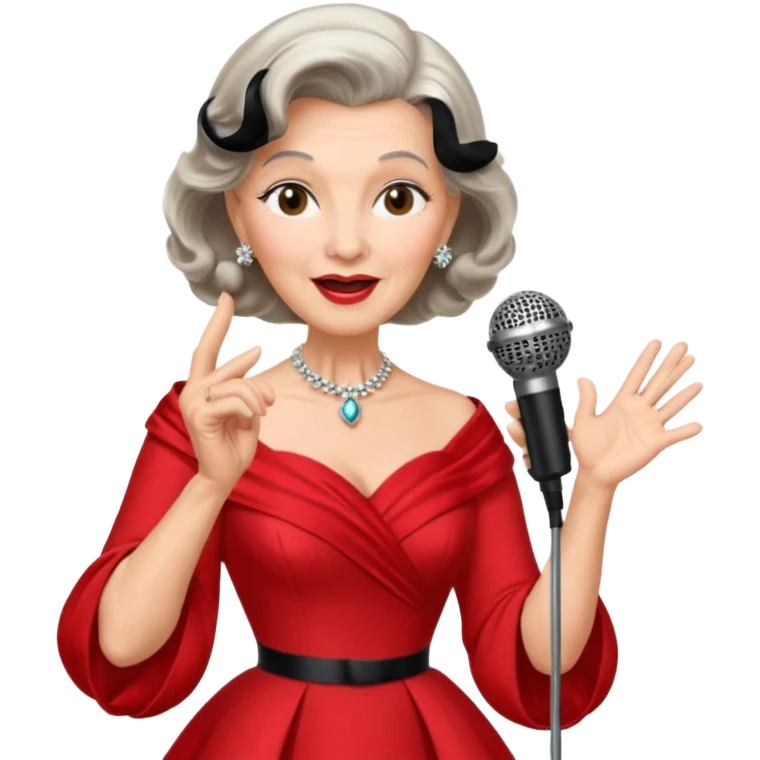 Older woman – elegant gown, 50s, diva, red dress, singing into mic emoji