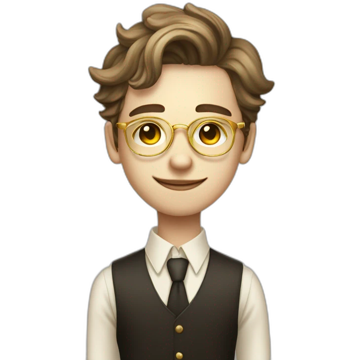 19 years old boy like a gentleman white skin tone. With golden optic glasses. Wearing old money style emoji