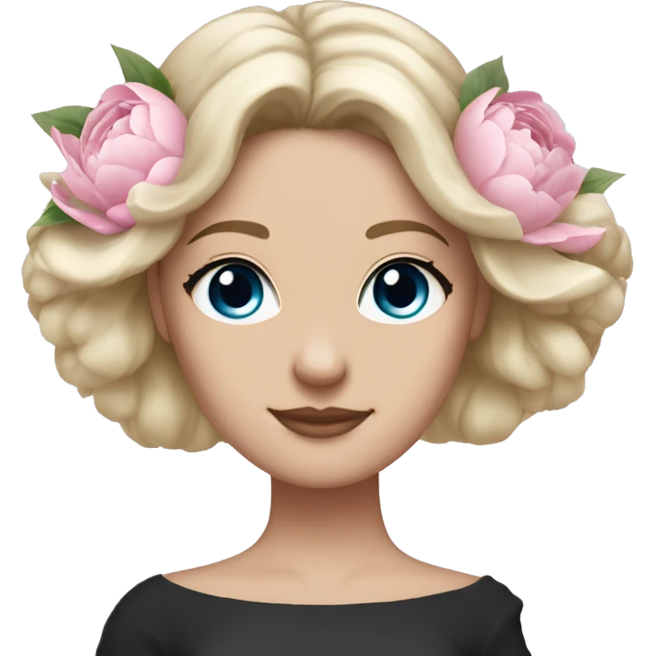 White bride with long light blonde hair and blue eyes with light pink peonies in hair white skin  emoji