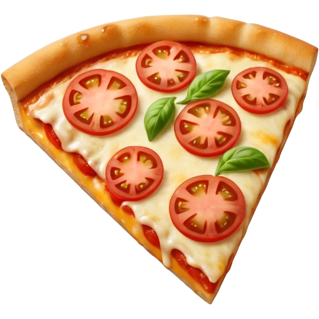 close-up of a single slice of margarita pizza, gooey cheese and tomato emoji