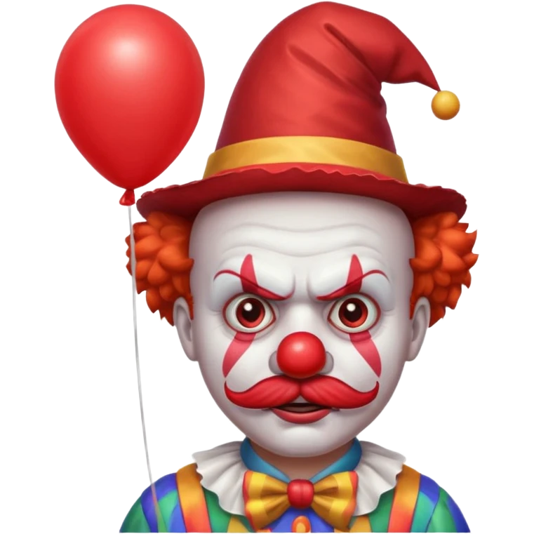 Angry clown — furrowed brow, mustache, tiny hat, hold red balloon emoji