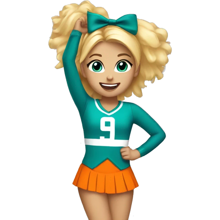 Cheerleader, girl, teal and orange uniform, blonde hair, pom poms, happy emoji