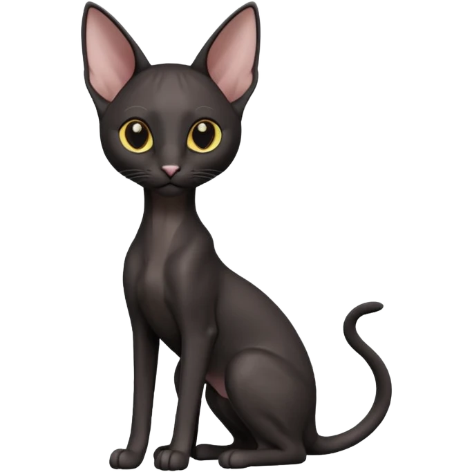 A 3D cartoon black Oriental Shorthair cat with sleek body, tall ears, reflective fur, dark cinematic background, Memoji-style. full body or half body. emoji