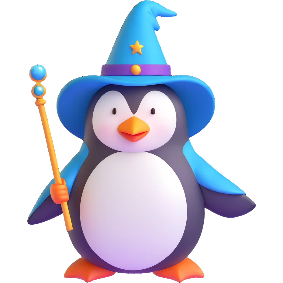 penguin wearing a wizard hat and holding a magic wand emoji