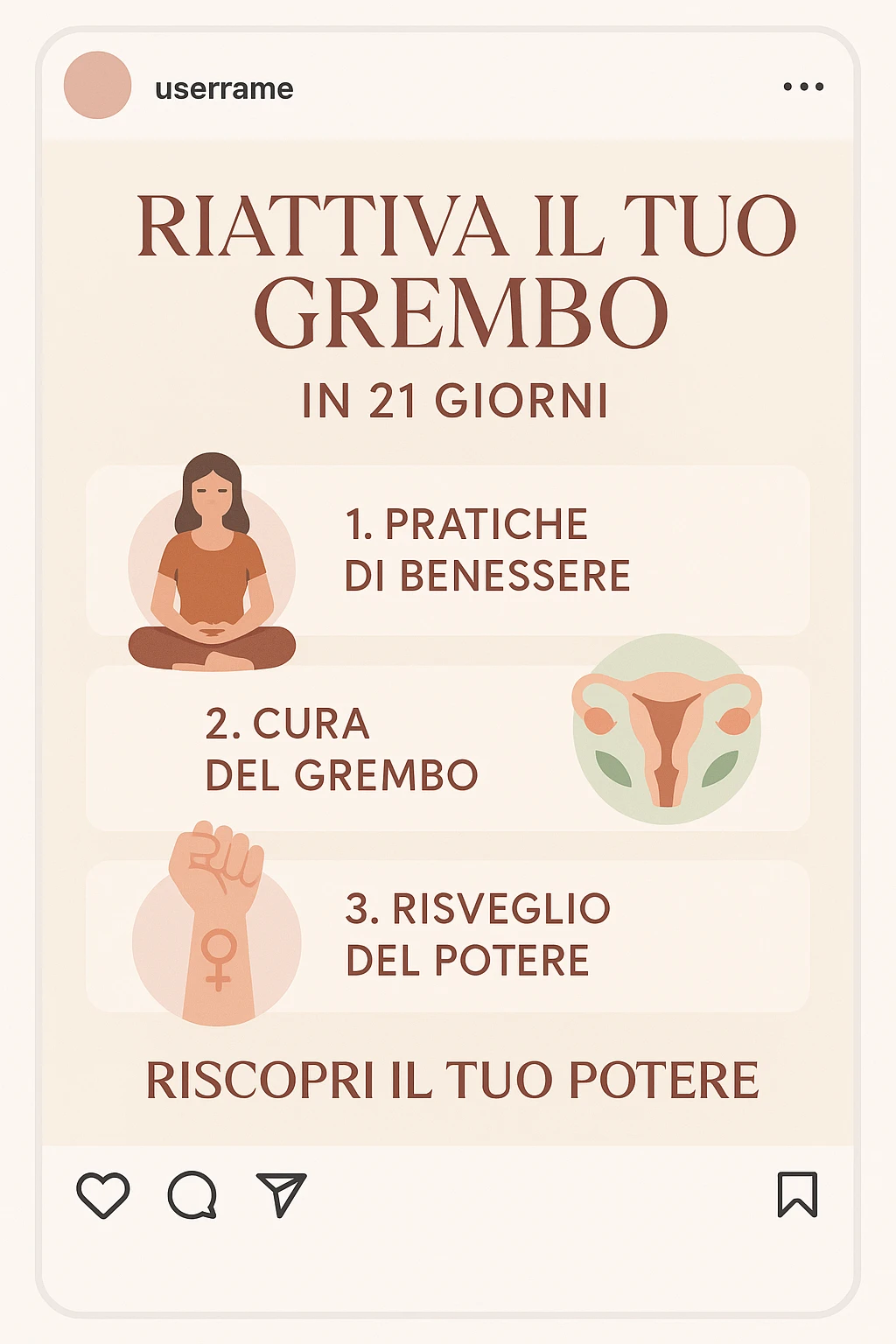 infografica stile post di instagram con titolo "Riattiva il tuo grembo in 21 giorni" emoji