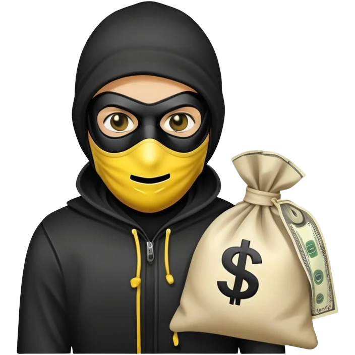 a burglar head with a yellow face with a black mask holding a white bag with a dollar sign emoji