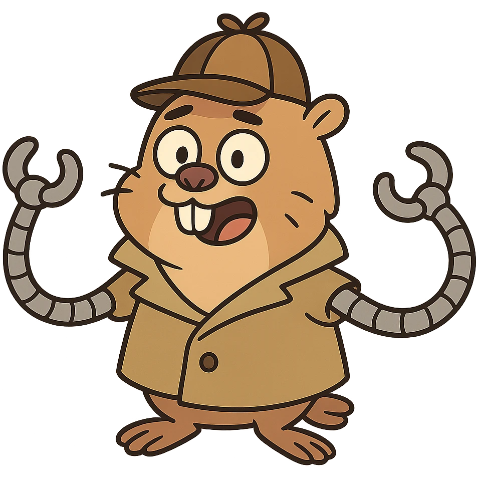 gopher wearing a detective hat, mechanical arms extending, playful style, cartoonish and fun emoji