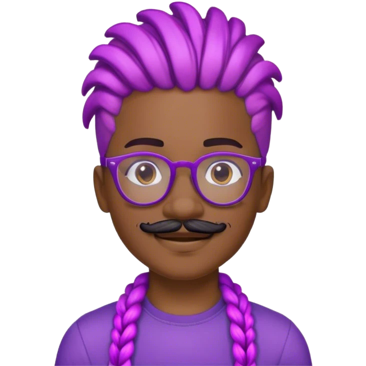 smiling black boy with a mustache wearing glasses with purple short cornrow hair emoji