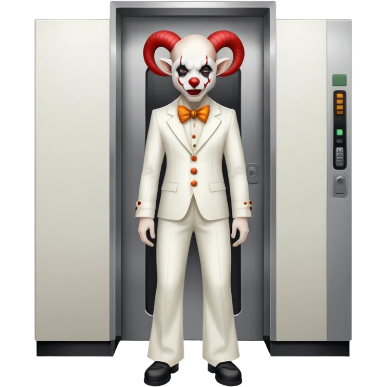 full-body demonic clown in a white leisure suit with bellbottom pants, bald, black ram horns, wearing elevator shoes emoji