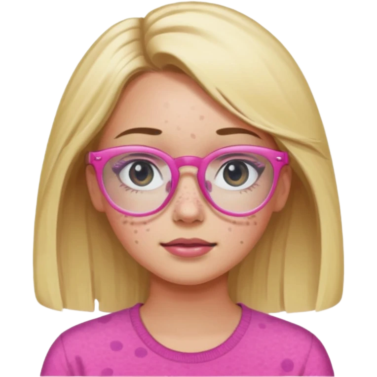 Innocent blonde woman with black eyes and light skin and pink glasses and freckles  emoji
