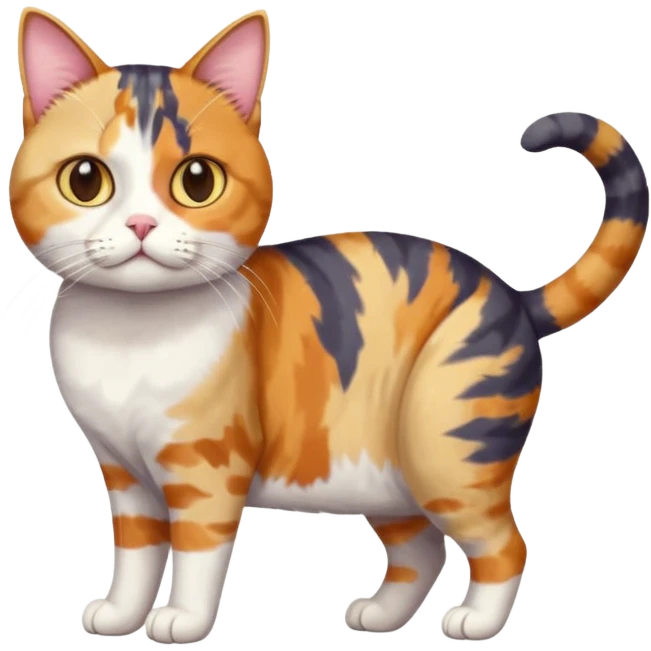 full body colourful calico tabby cat with disproportioned head with an anxious face and fully white front legs emoji
