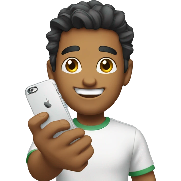 Kainoa smiling pointing to his iphone emoji