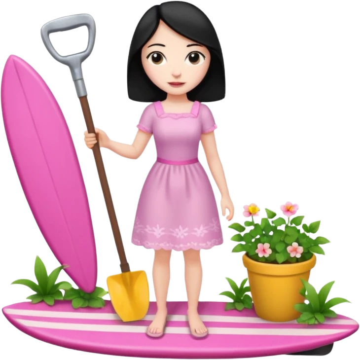 Princess who wearing dress (woman) black hair holding her cellphone and a garden shovel with another hand. She is standing on her feet, there is one pink surfing board. emoji