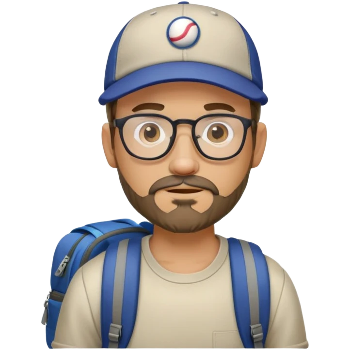adventurer with goatee beard (no beard on cheeks), short hair, glasses, backwards baseball cap and backpack emoji