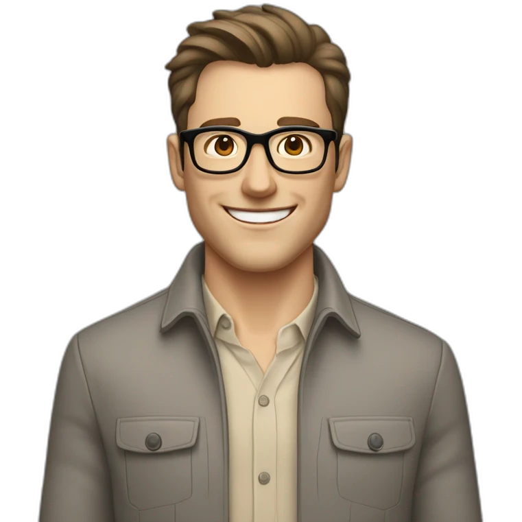 Joyful Pale skinned Fit Man With dark brown hair in gray jacket, beige office shirt, Brown pants and vintage glasses. His thrumbs up emoji
