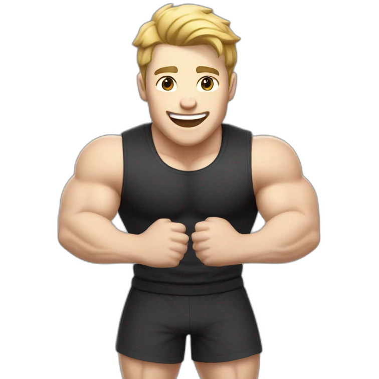 Joyful Celebrating victory Pale skinned Fit Man With the biceps and dark brown hair in black shirt, gray sports shorts and white Sneakers emoji