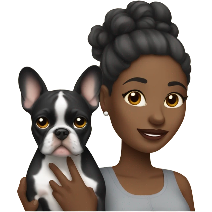 Black woman holding Merle French bulldog  emoji