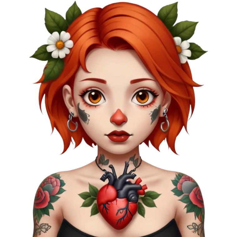 girl with fair skin, small nose, orangey red shoulder-length hair, large brown eyes, full lips, septum ring on nose and large black and white chest tattoo of anatomical heart with tattoos of flower bunches near the shoulders emoji