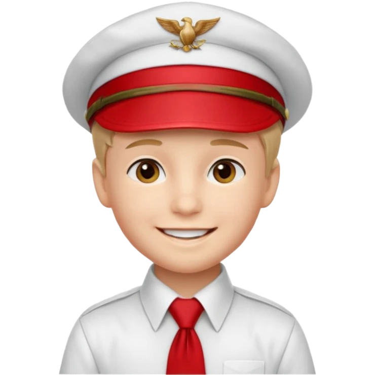 A Soviet pioneer emoji — smiling young boy wearing a white shirt with a bright red pioneer necktie and a classic red pilotka cap. The pilotka cap should fit closely to the head, without brims or side flaps, slightly folded at the top. not a cowboy hat. Flat, smooth 3D shading emoji