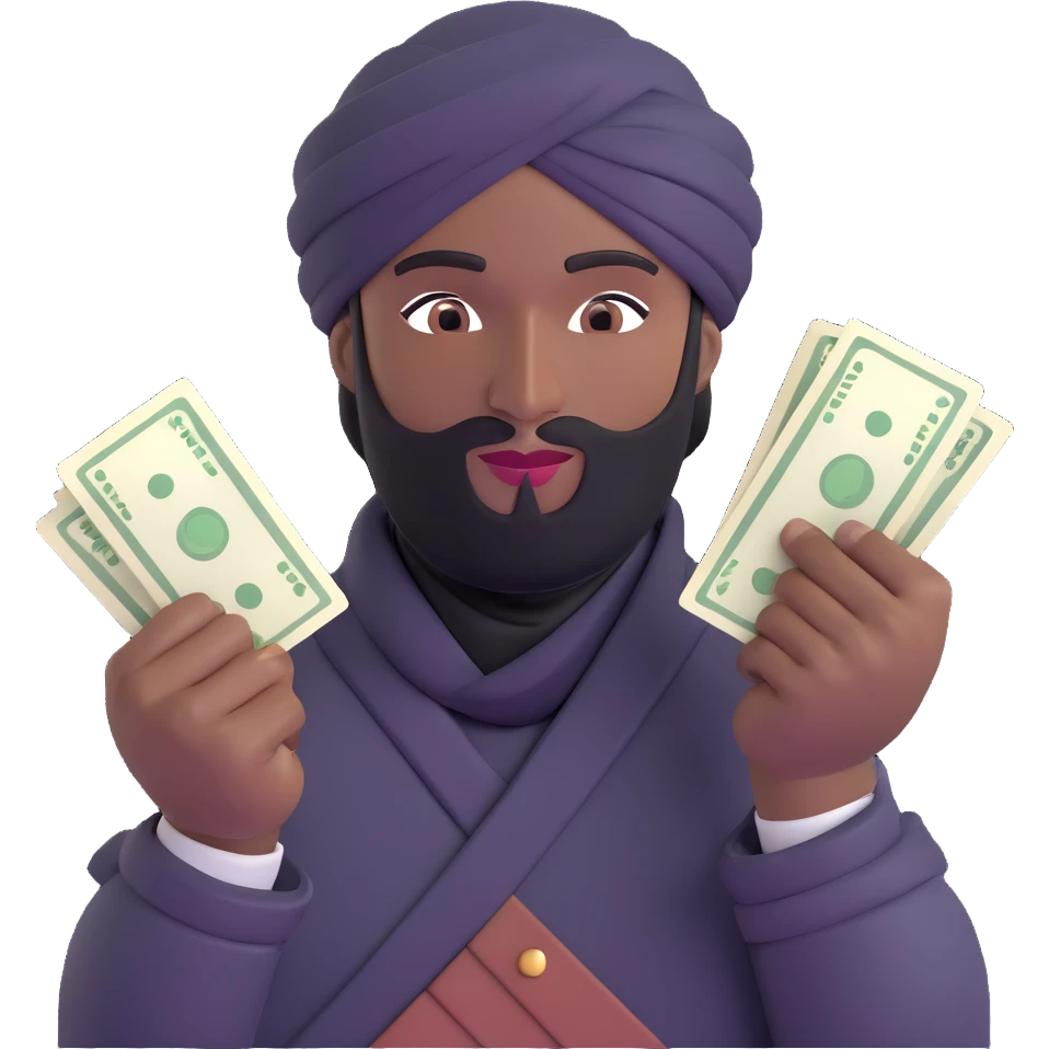 black robber with turban fanned out cash in both hands emoji