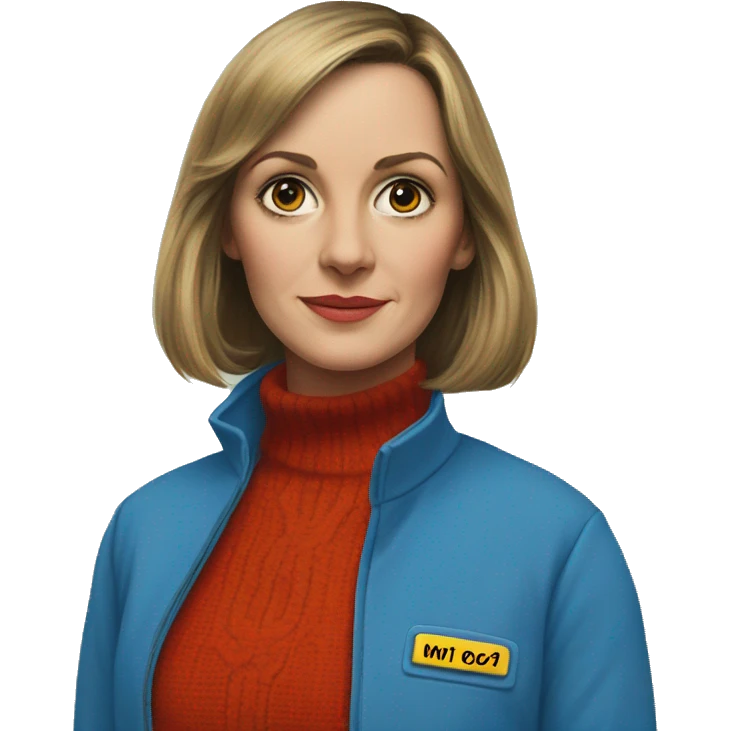 Shelly duval from the shining but I’m a blue mechanic suit and a colorful turtle neck emoji