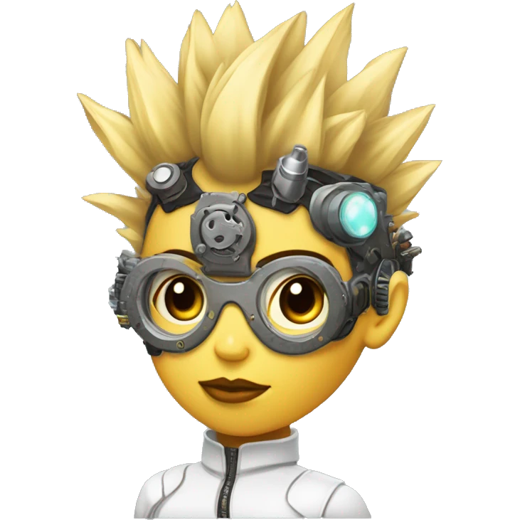 Light yellow Mohawk hair female cyborg head, tan skin, steampunk goggles and circuits emoji