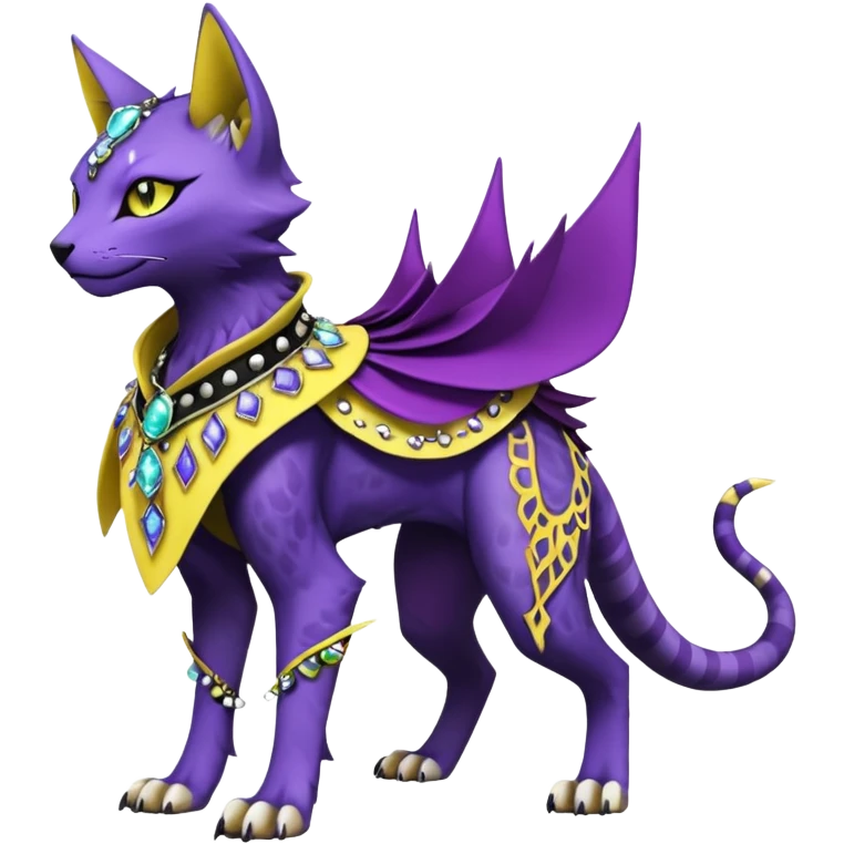 Kawaii cute Violet Yellow Black beautiful pretty elegant divine edgy feline-vernid-sergal-Fakémon-Pokémon-Digimon-fursona-animal-creature, full body, with intricate detailed markings, Embroidered capelet, Gem-studded horn ring emoji