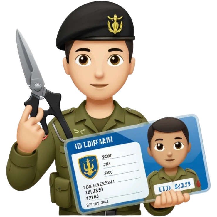 Floating black Scissors cutting in half an idf soldier ID card with a little chip in 2 parts emoji