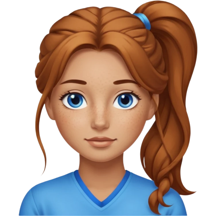 Attractive Woman with tan skin, blue eyes, wide face, freckles, and a long voluminous ponytail  emoji