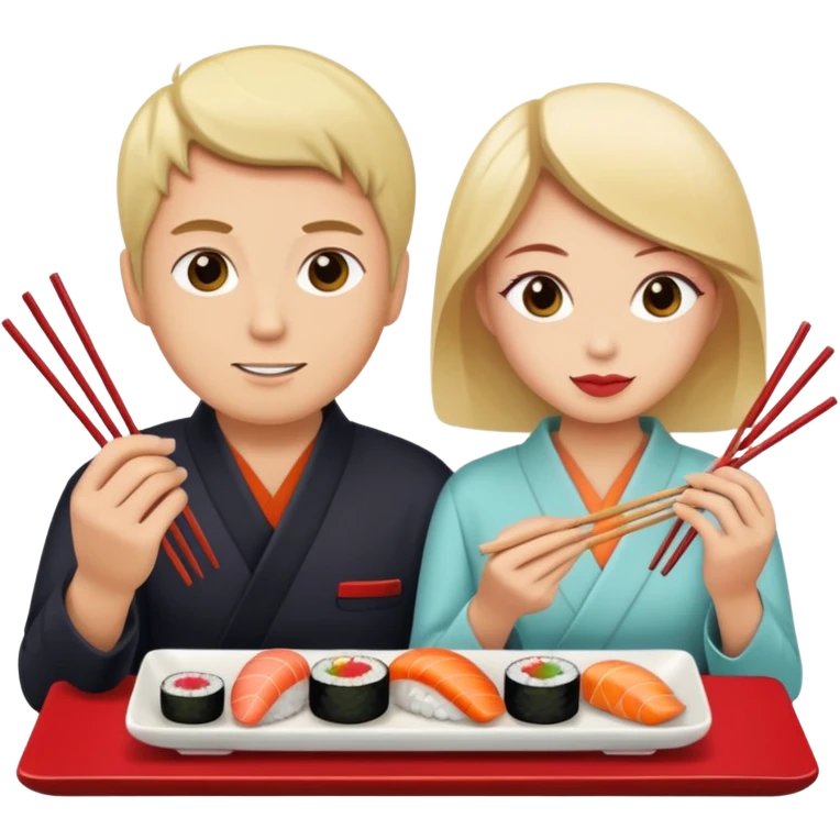 A couple of white people vacationing in Japan, eating sushi emoji