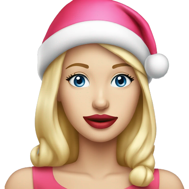 Beautiful blonde blue eyed woman, pink lips, wearing red santa hat emoji