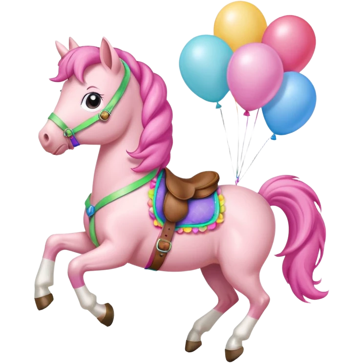 pinky pie mlp holding colorful balloons tied to its saddle, looking cheerful. emoji