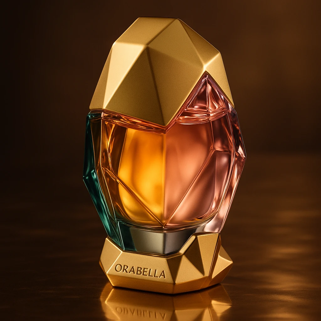 Create a cinematic, realistic 3D rendering of the Orabella fragrance bottle, matching the real design and colors, with elegant lighting and a luxury product photography style. Focus on high detail and premium presentation. emoji
