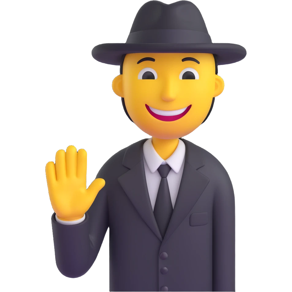 yellow cartoon man with a big smile wearing a black fedora casting a shadow over his eyes emoji